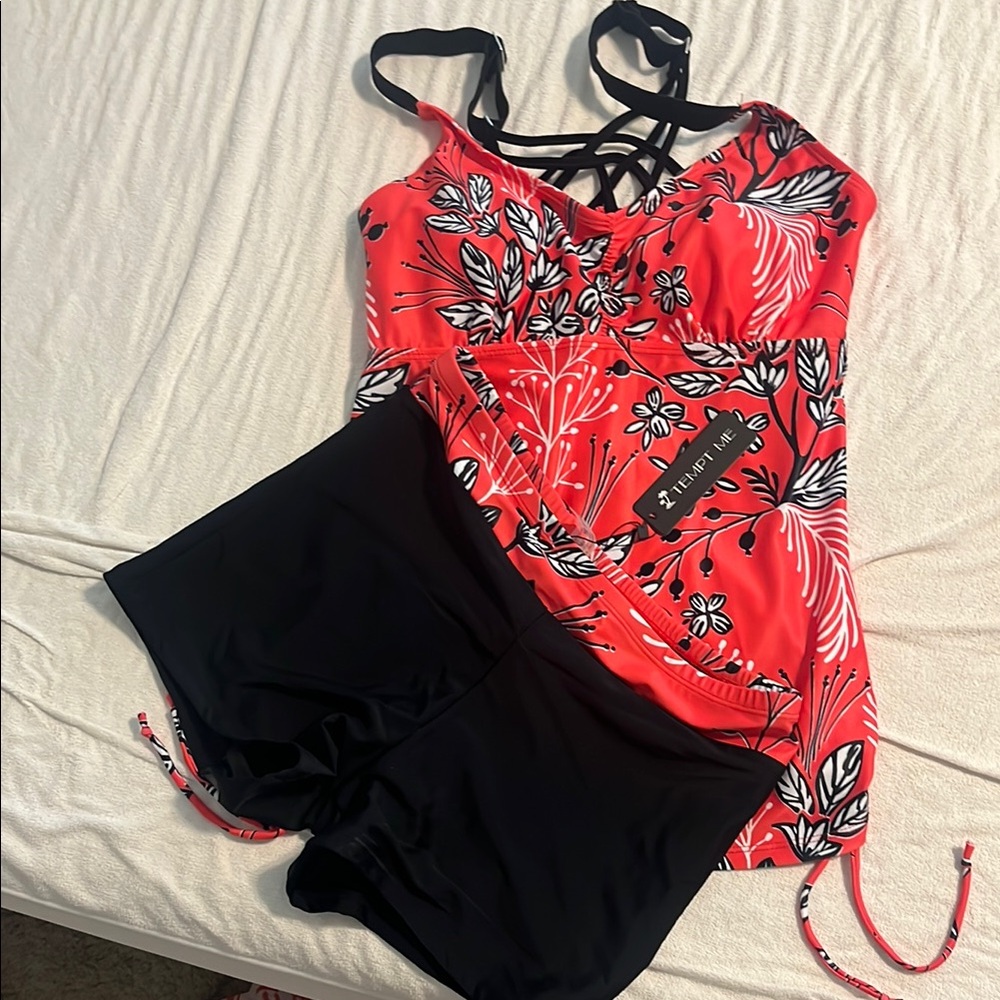 BRAND NEW Vibrant Coral Floral Swim top and swim short.